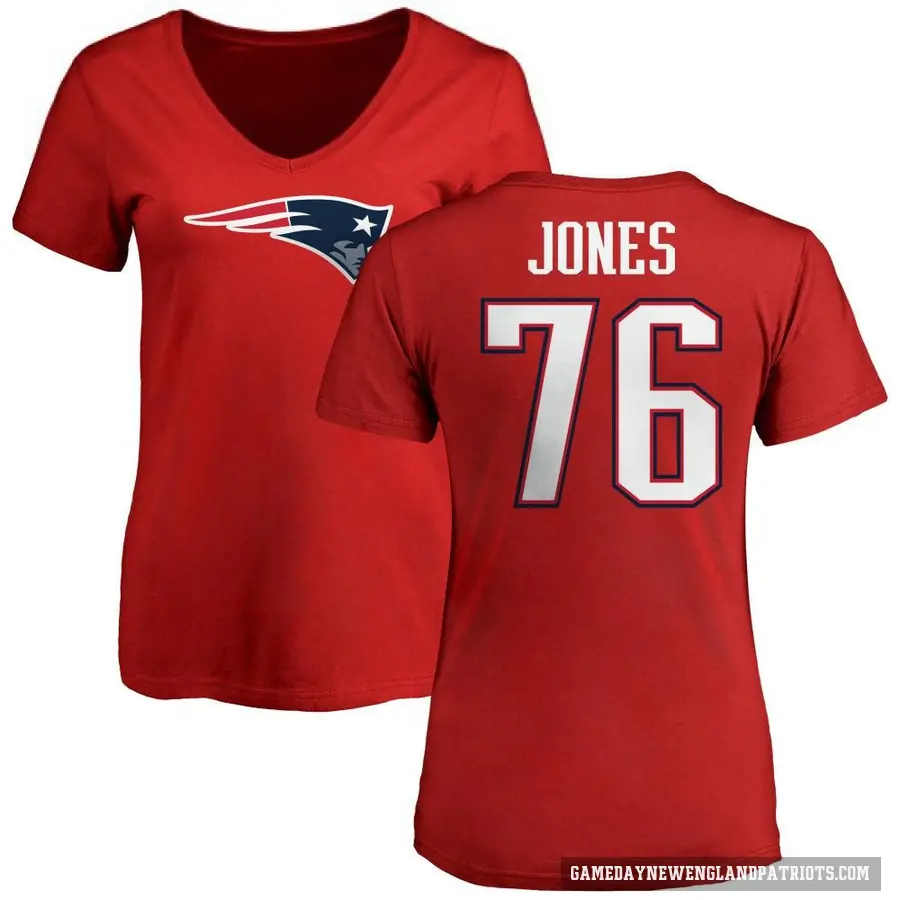 Women's ＃76 Caleb Jones New England Patriots Red Logo Slim Fit T-Shirt