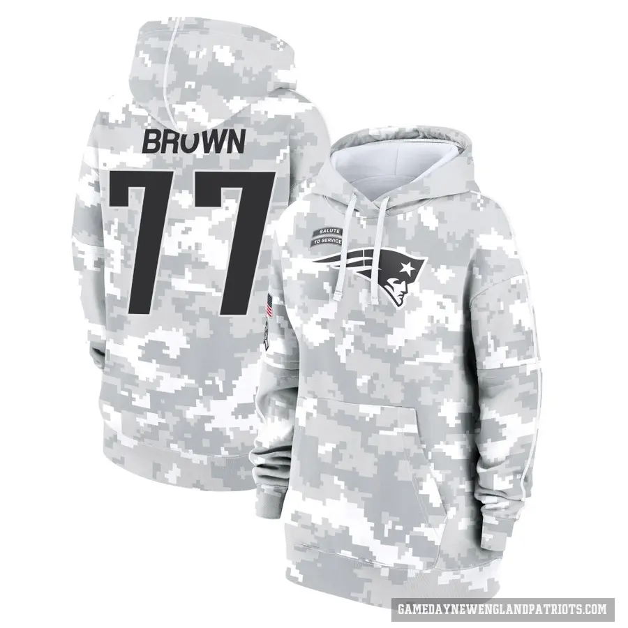 Women's ＃77 Ben Brown New England Patriots Arctic Camo 2024 Salute to Service Club Fleece Pullover Hoodie