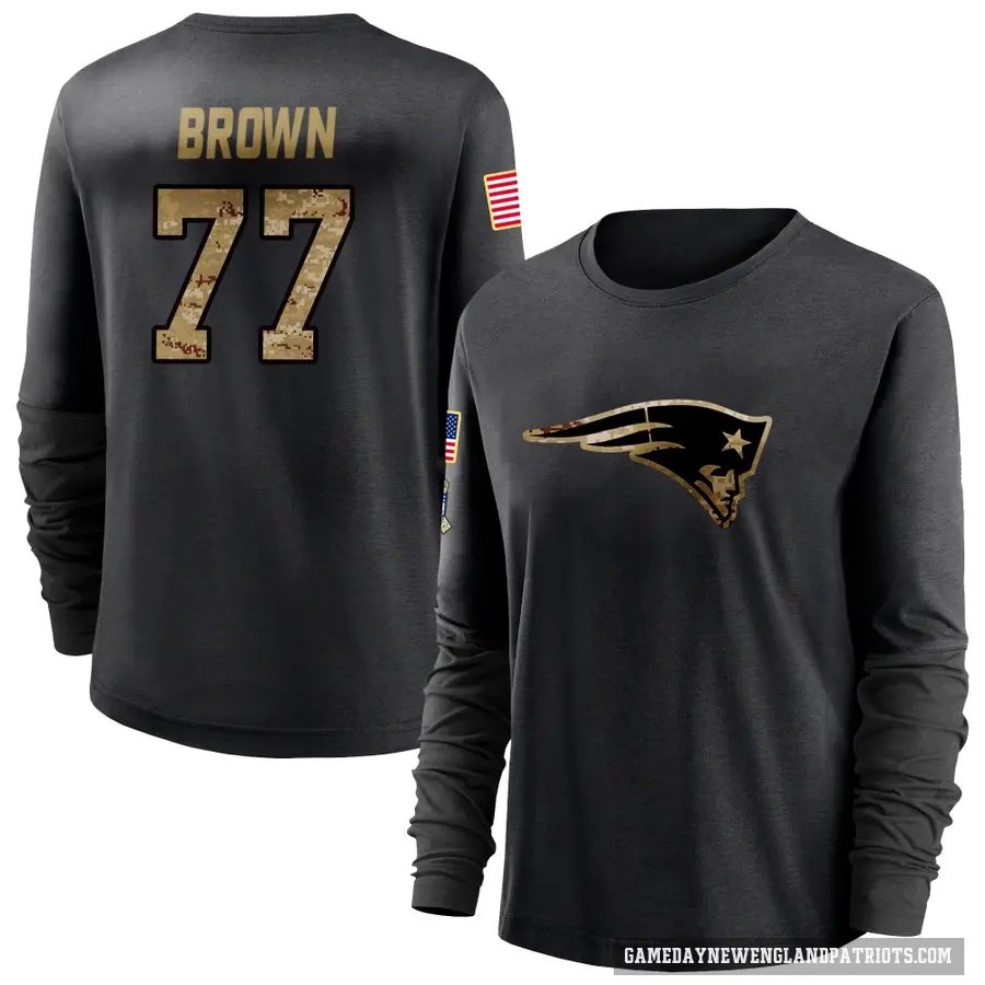 Women's ＃77 Ben Brown New England Patriots Black 2020 Salute To Service Sideline Performance Long Sleeve T-Shirt