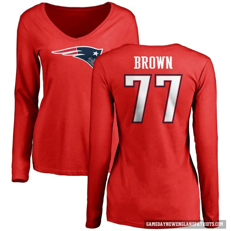 Women's ＃77 Ben Brown New England Patriots Red Logo Slim Fit Long Sleeve T-Shirt