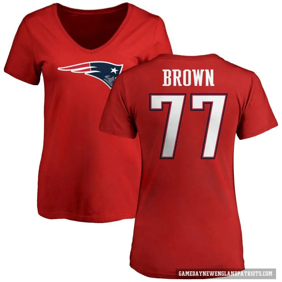 Women's ＃77 Ben Brown New England Patriots Red Logo Slim Fit T-Shirt