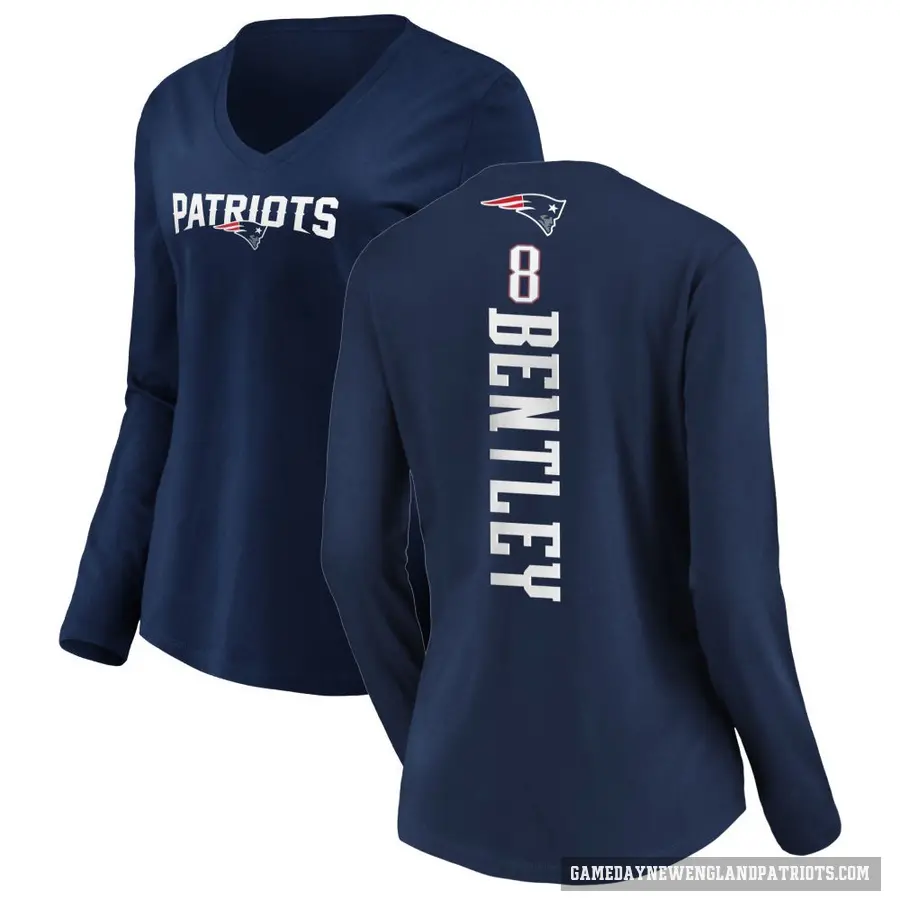 Women's ＃8 Ja'Whaun Bentley New England Patriots Navy Backer Slim Fit Long Sleeve T-Shirt