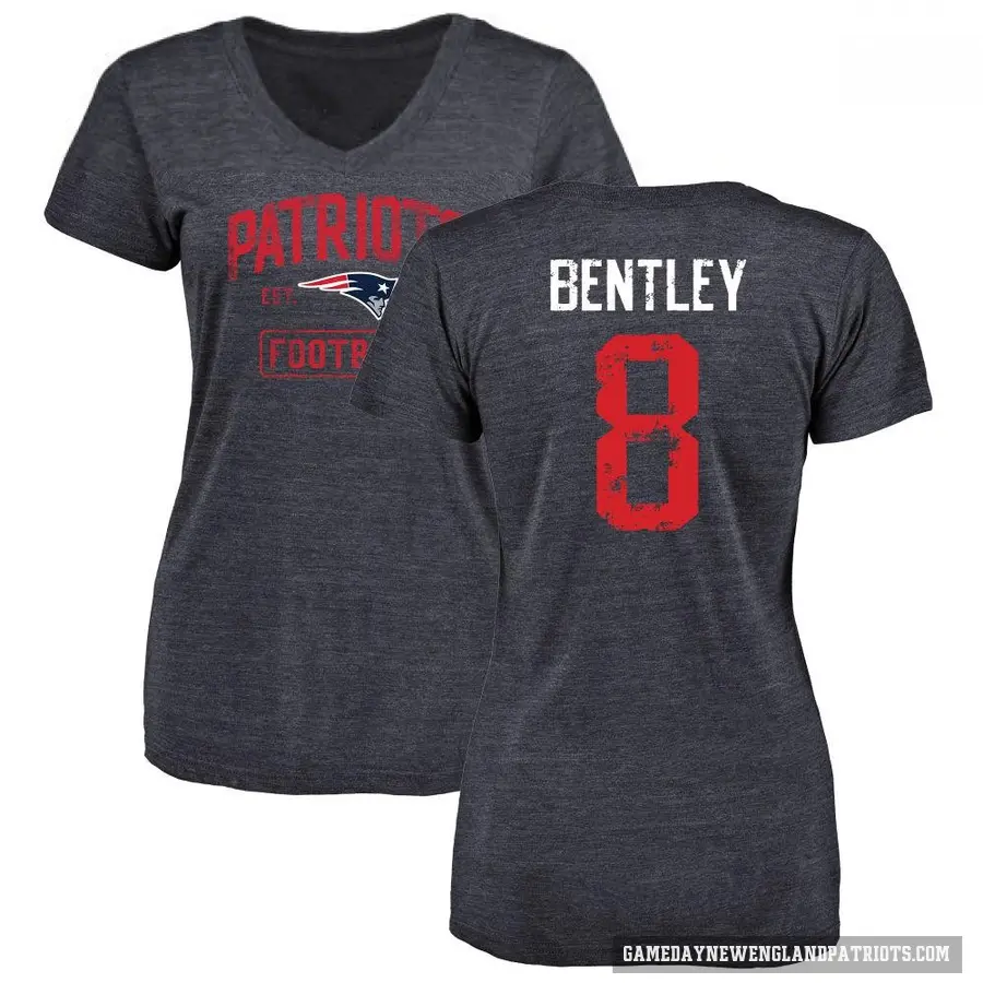 Women's ＃8 Ja'Whaun Bentley New England Patriots Navy Distressed V-Neck T-Shirt