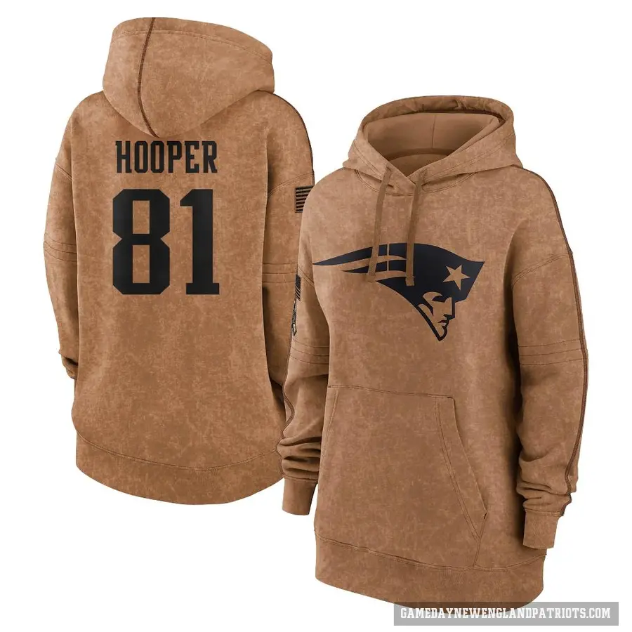 Women's ＃81 Austin Hooper New England Patriots Brown 2023 Salute To Service Pullover Hoodie