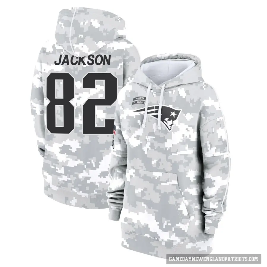 Women's ＃82 JaQuae Jackson New England Patriots Arctic Camo 2024 Salute to Service Club Fleece Pullover Hoodie