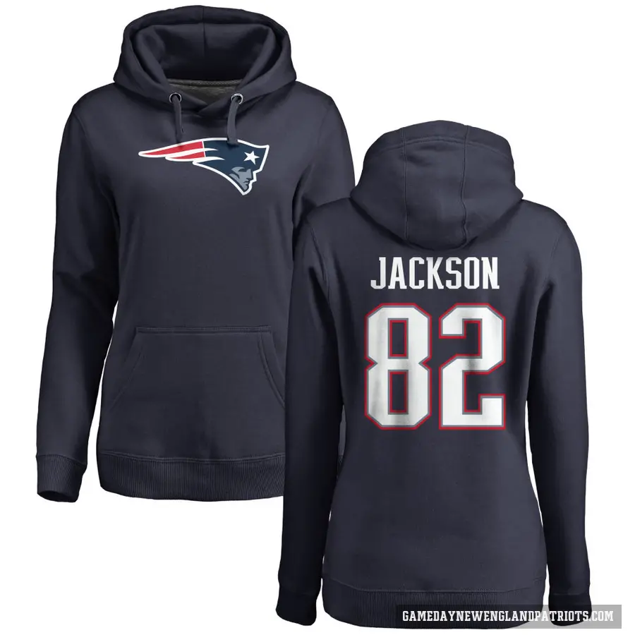 Women's ＃82 JaQuae Jackson New England Patriots Navy Pro Line Logo Pullover Hoodie