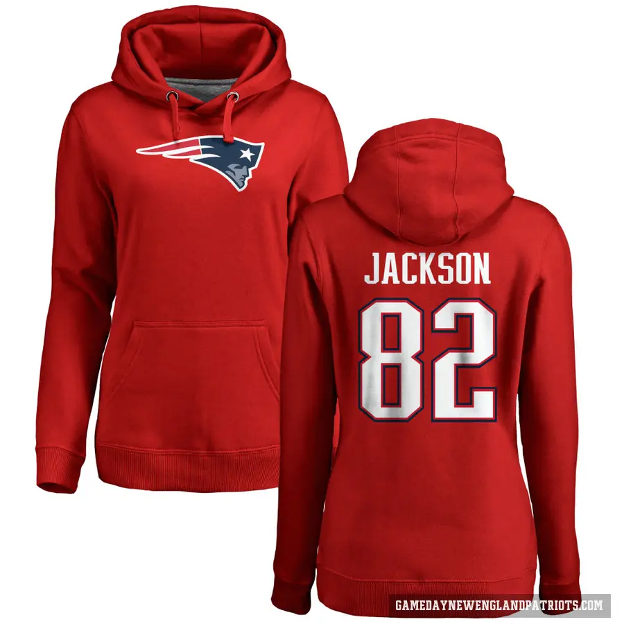 Women's ＃82 JaQuae Jackson New England Patriots Red Pro Line Name & Number Logo Pullover Hoodie