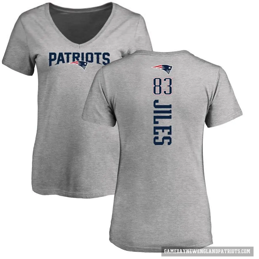 Women's ＃83 John Jiles New England Patriots Ash Backer V-Neck T-Shirt