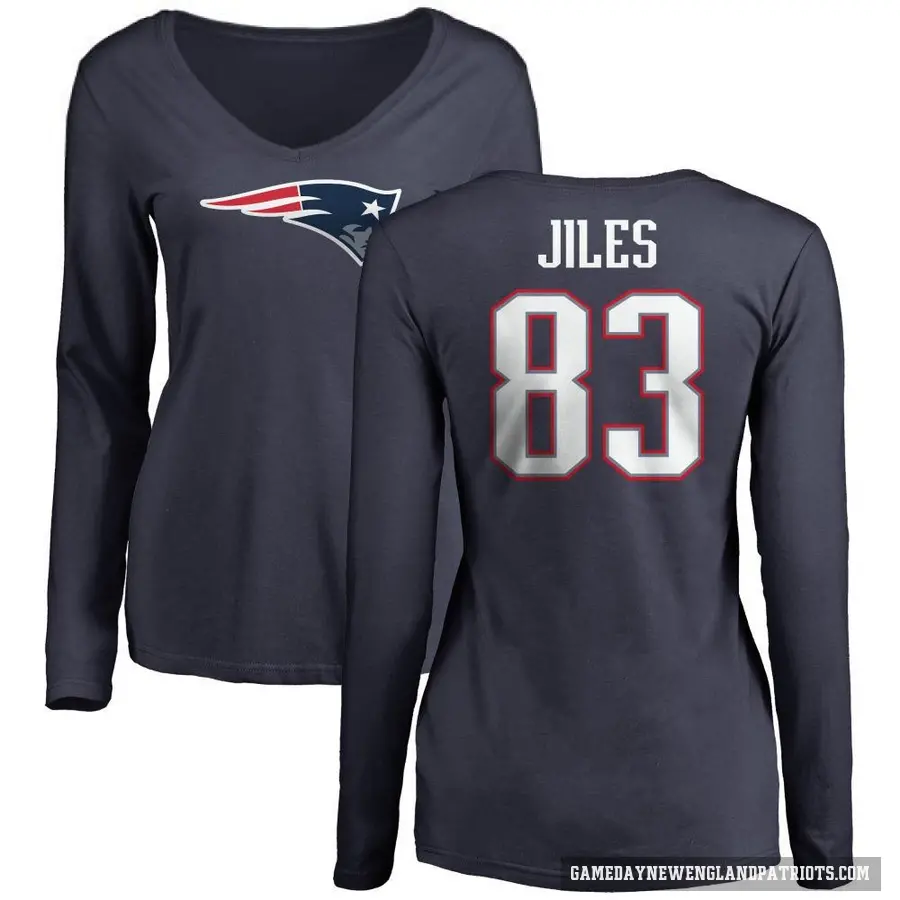 Women's ＃83 John Jiles New England Patriots Navy Logo Slim Fit Long Sleeve T-Shirt