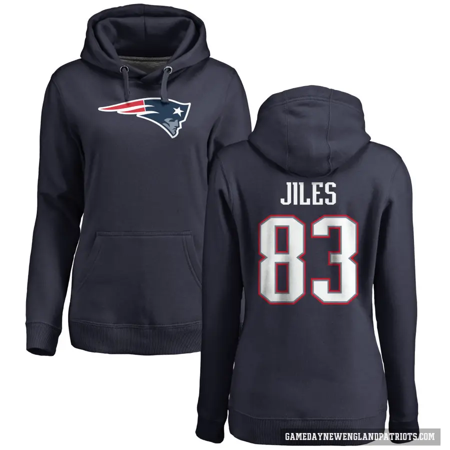 Women's ＃83 John Jiles New England Patriots Navy Pro Line Logo Pullover Hoodie