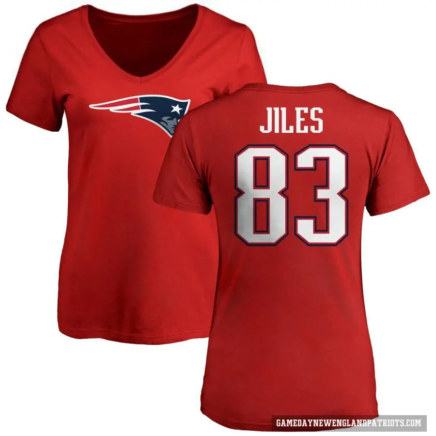 Women's ＃83 John Jiles New England Patriots Red Logo Slim Fit T-Shirt