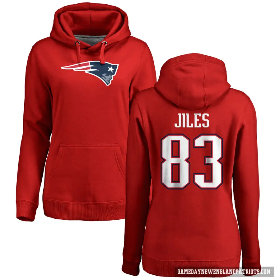 Women's ＃83 John Jiles New England Patriots Red Pro Line Name & Number Logo Pullover Hoodie