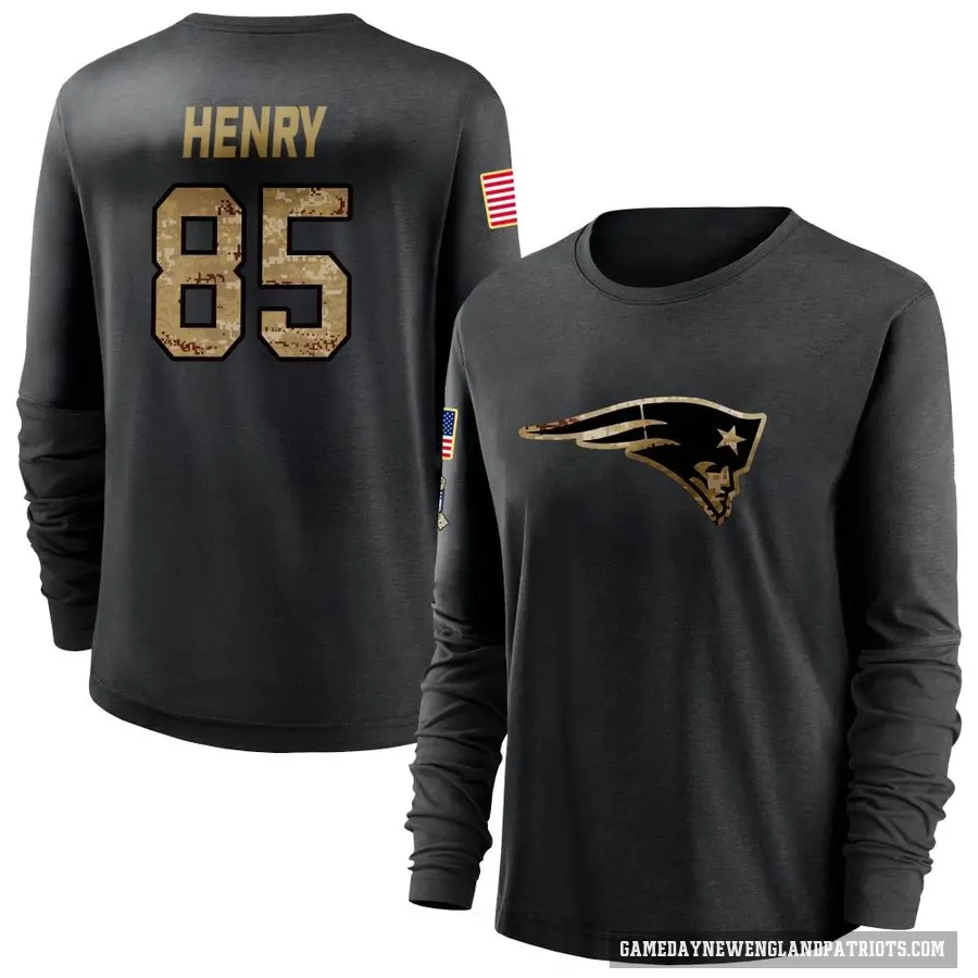 Women's ＃85 Hunter Henry New England Patriots Black 2020 Salute To Service Sideline Performance Long Sleeve T-Shirt