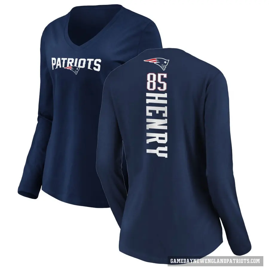 Women's ＃85 Hunter Henry New England Patriots Navy Backer Slim Fit Long Sleeve T-Shirt