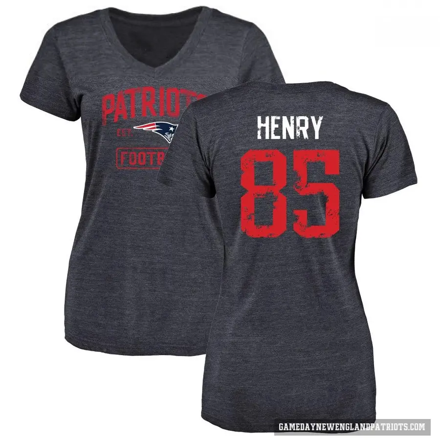 Women's ＃85 Hunter Henry New England Patriots Navy Distressed V-Neck T-Shirt