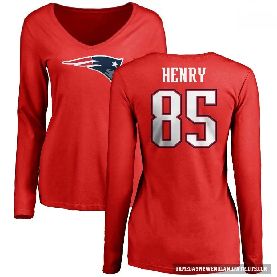 Women's ＃85 Hunter Henry New England Patriots Red Logo Slim Fit Long Sleeve T-Shirt