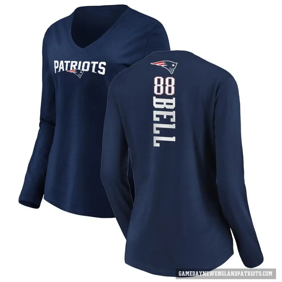 Women's ＃88 Jaheim Bell New England Patriots Navy Backer Slim Fit Long Sleeve T-Shirt