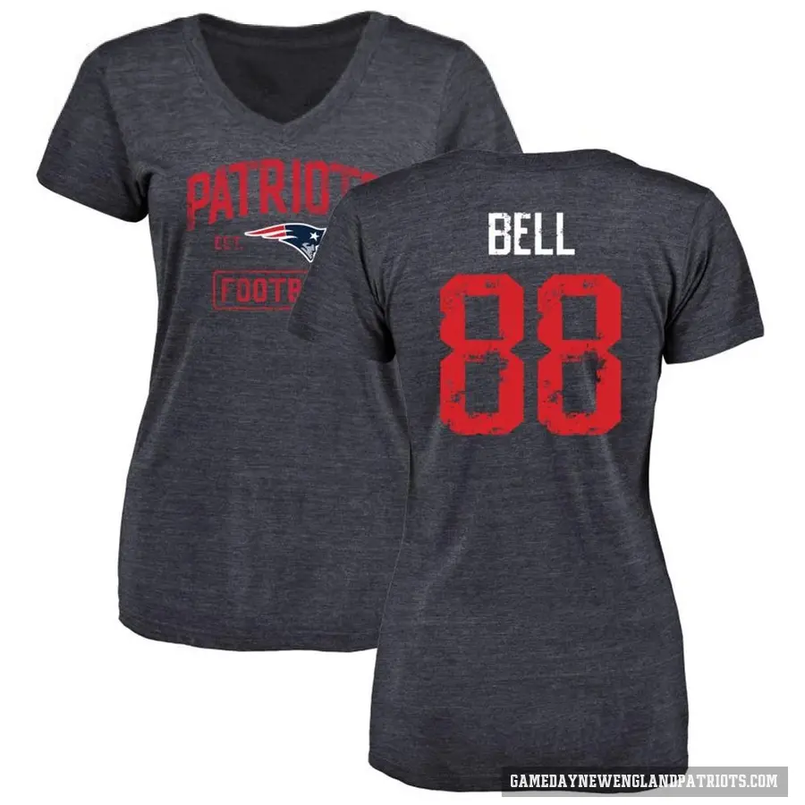 Women's ＃88 Jaheim Bell New England Patriots Navy Distressed V-Neck T-Shirt