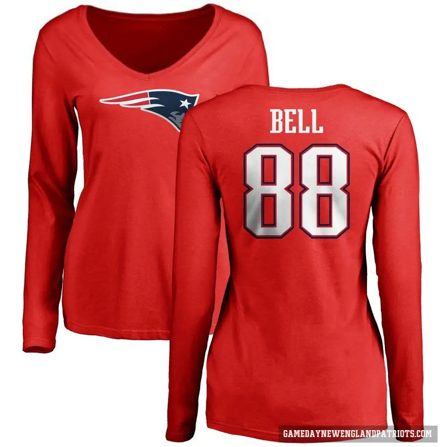 Women's ＃88 Jaheim Bell New England Patriots Red Logo Slim Fit Long Sleeve T-Shirt