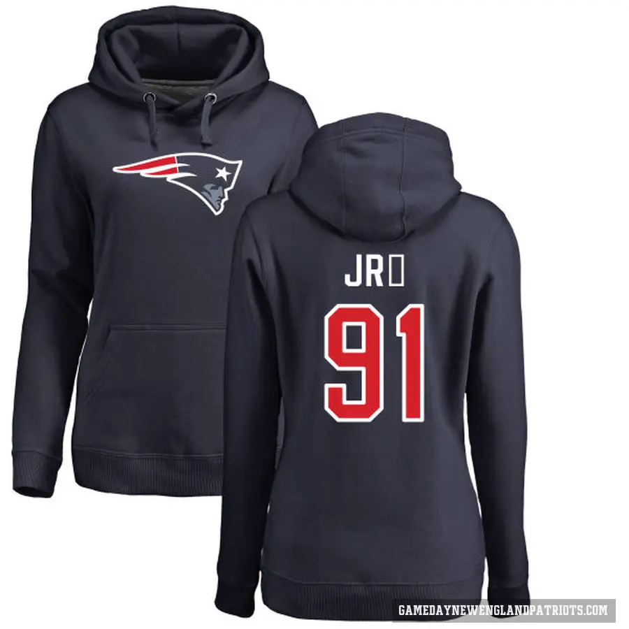 Women's ＃91 Deatrich Wise Jr. New England Patriots Navy Pro Line Logo Pullover Hoodie