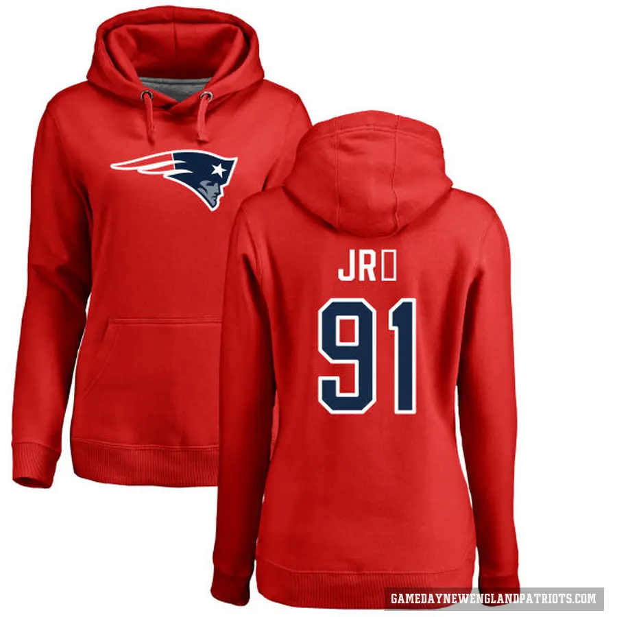 Women's ＃91 Deatrich Wise Jr. New England Patriots Red Pro Line Name & Number Logo Pullover Hoodie