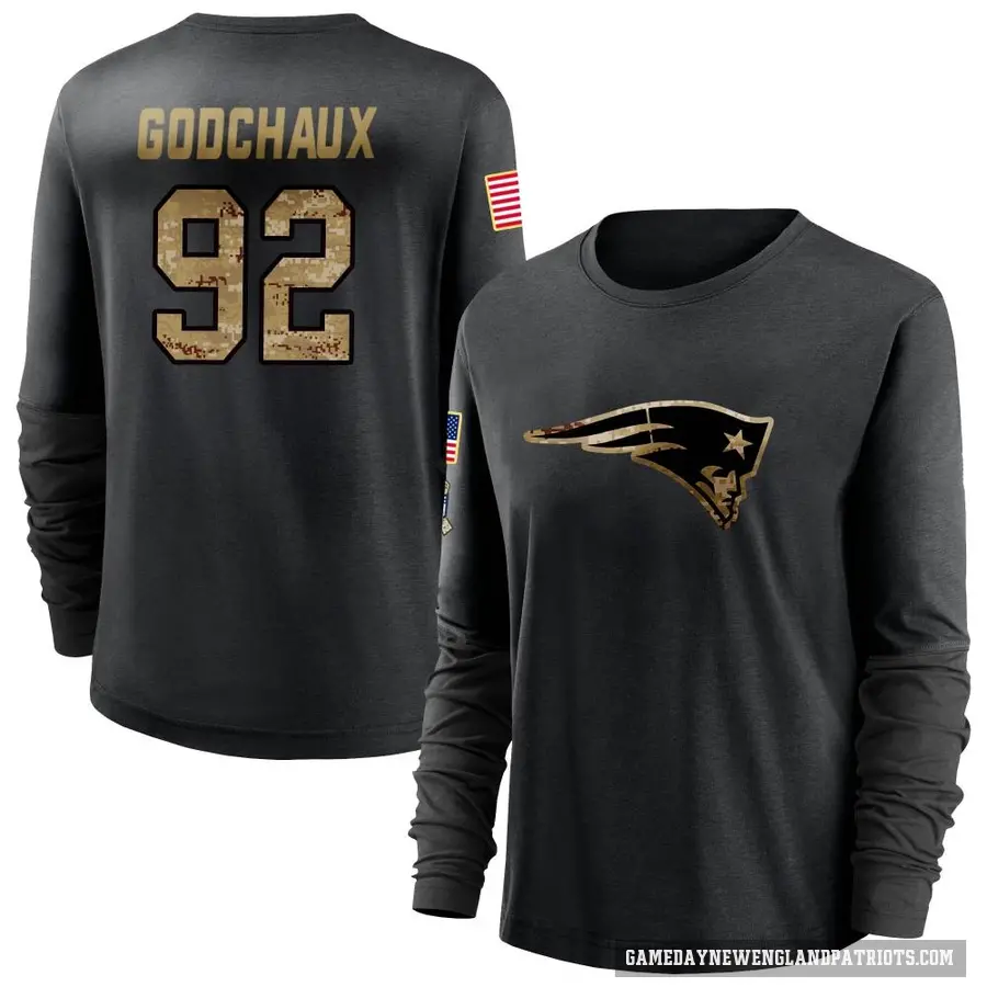 Women's ＃92 Davon Godchaux New England Patriots Black 2020 Salute To Service Sideline Performance Long Sleeve T-Shirt