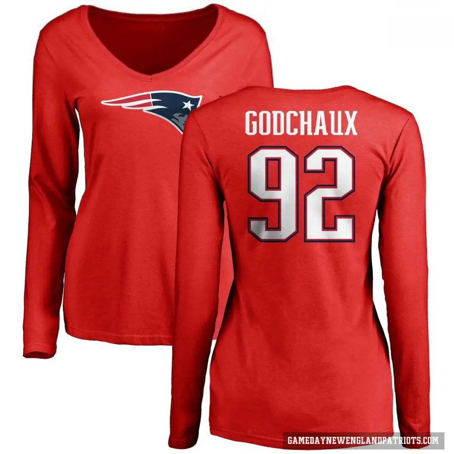 Women's ＃92 Davon Godchaux New England Patriots Red Logo Slim Fit Long Sleeve T-Shirt