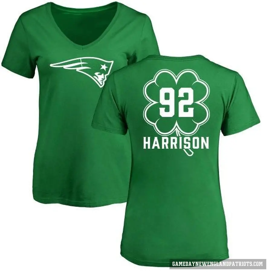 Women's ＃92 James Harrison New England Patriots Green St. Patrick's Day V-Neck T-Shirt