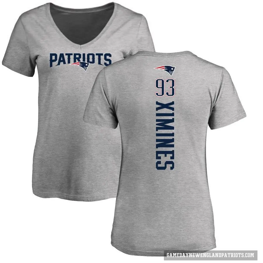 Women's ＃93 Oshane Ximines New England Patriots Ash Backer V-Neck T-Shirt