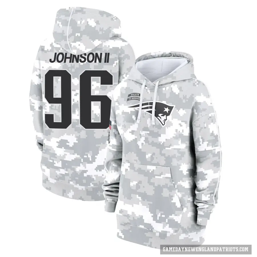 Women's ＃96 Eric Johnson II New England Patriots Arctic Camo 2024 Salute to Service Club Fleece Pullover Hoodie