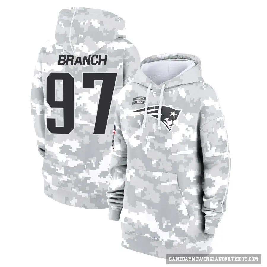 Women's ＃97 Alan Branch New England Patriots Arctic Camo 2024 Salute to Service Club Fleece Pullover Hoodie