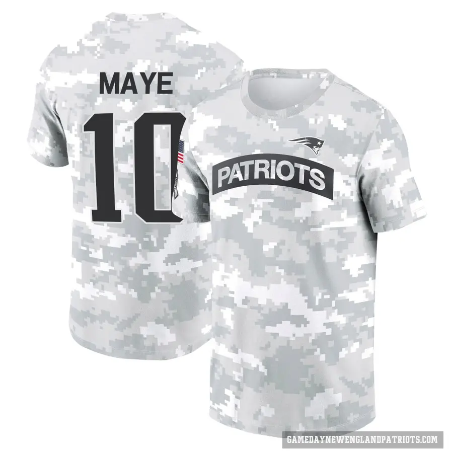 Youth ＃10 Drake Maye New England Patriots Camo Arctic 2024 Salute to Service Performance T-Shirt