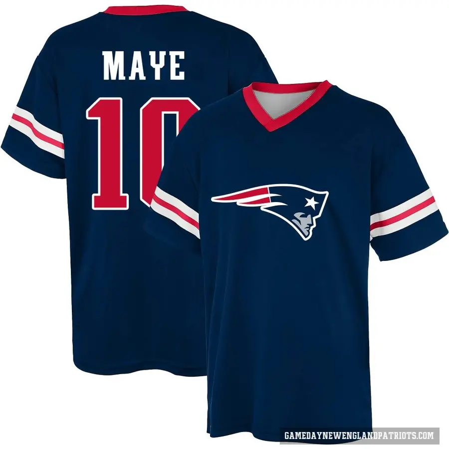 Youth ＃10 Drake Maye New England Patriots Navy Game Day V-Neck T-Shirt