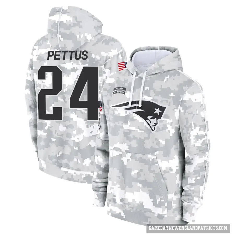 Youth ＃24 Dell Pettus New England Patriots Arctic Camo 2024 Salute to Service Club Fleece Pullover Hoodie