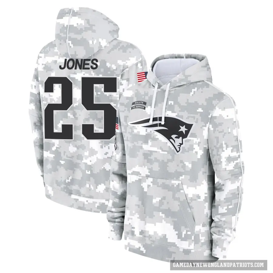 Youth ＃25 Marcus Jones New England Patriots Arctic Camo 2024 Salute to Service Club Fleece Pullover Hoodie