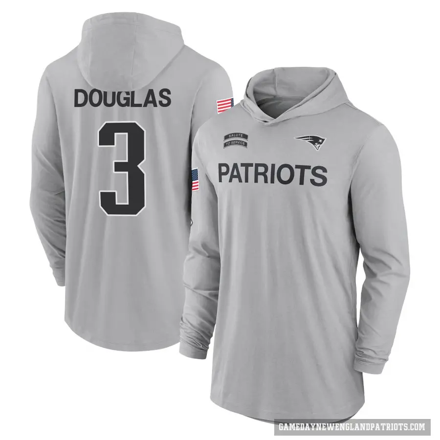 Youth ＃3 Demario Douglas New England Patriots Gray DeMario Douglas 2024 Salute to Service Lightweight Performance Long Sleeve Ho