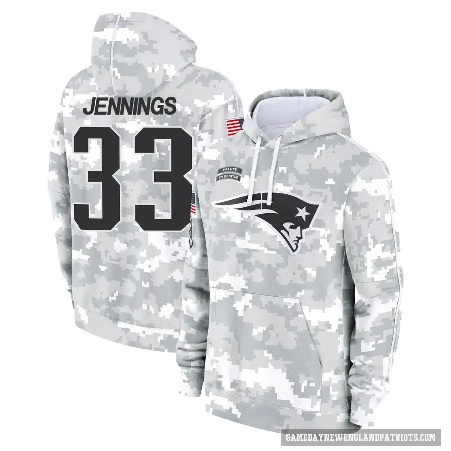 Youth ＃33 Anfernee Jennings New England Patriots Arctic Camo 2024 Salute to Service Club Fleece Pullover Hoodie