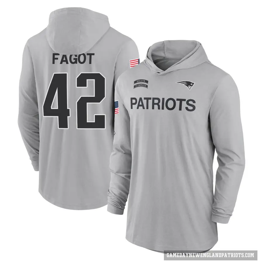 Youth ＃42 Diego Fagot New England Patriots Gray 2024 Salute to Service Lightweight Performance Long Sleeve Hooded T-Shirt