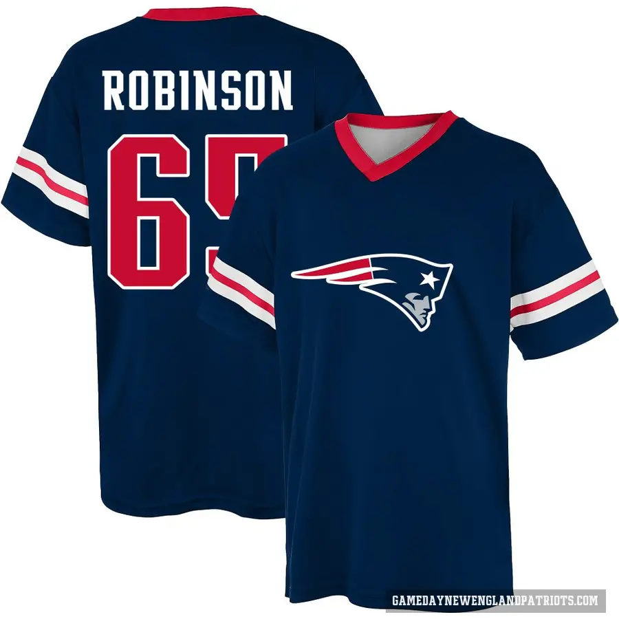 Youth ＃65 Tyrese Robinson New England Patriots Navy Game Day V-Neck T-Shirt