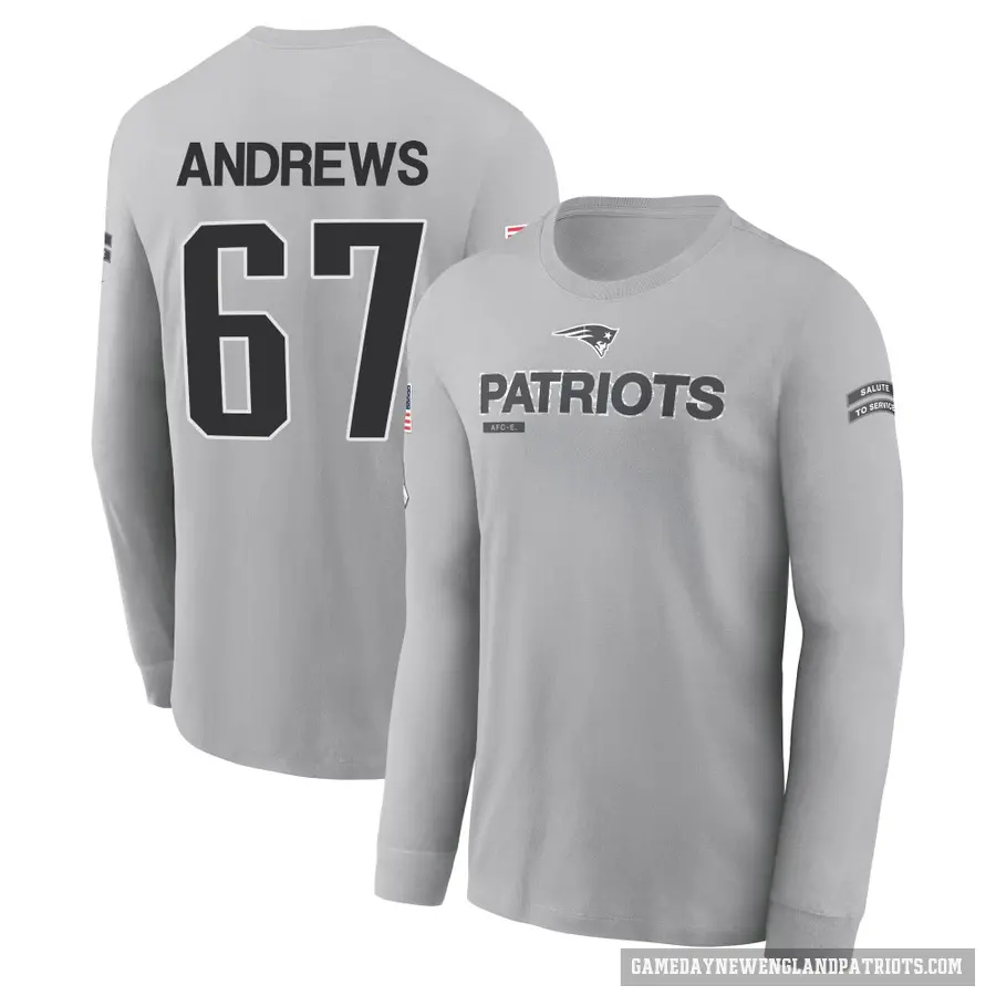 Youth ＃67 Jake Andrews New England Patriots Gray 2024 Salute to Service Long Sleeve T-Shirt