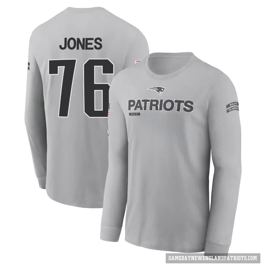 Youth ＃76 Caleb Jones New England Patriots Gray 2024 Salute to Service Long Sleeve T-Shirt