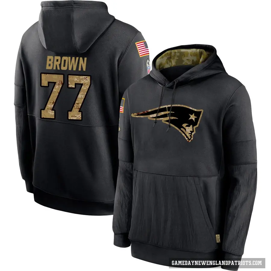 Youth ＃77 Ben Brown New England Patriots Black 2020 Salute to Service Sideline Performance Pullover Hoodie