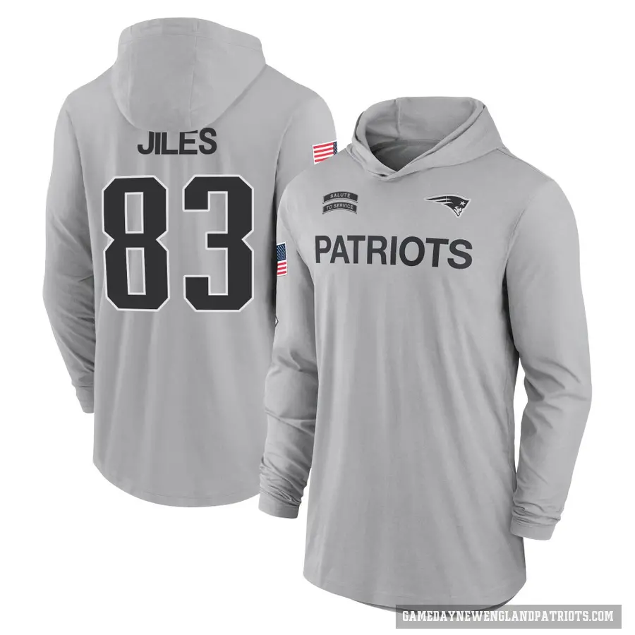 Youth ＃83 John Jiles New England Patriots Gray 2024 Salute to Service Lightweight Performance Long Sleeve Hooded T-Shirt