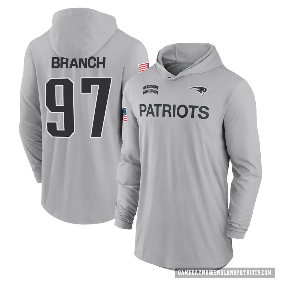 Youth ＃97 Alan Branch New England Patriots Gray 2024 Salute to Service Lightweight Performance Long Sleeve Hooded T-Shirt